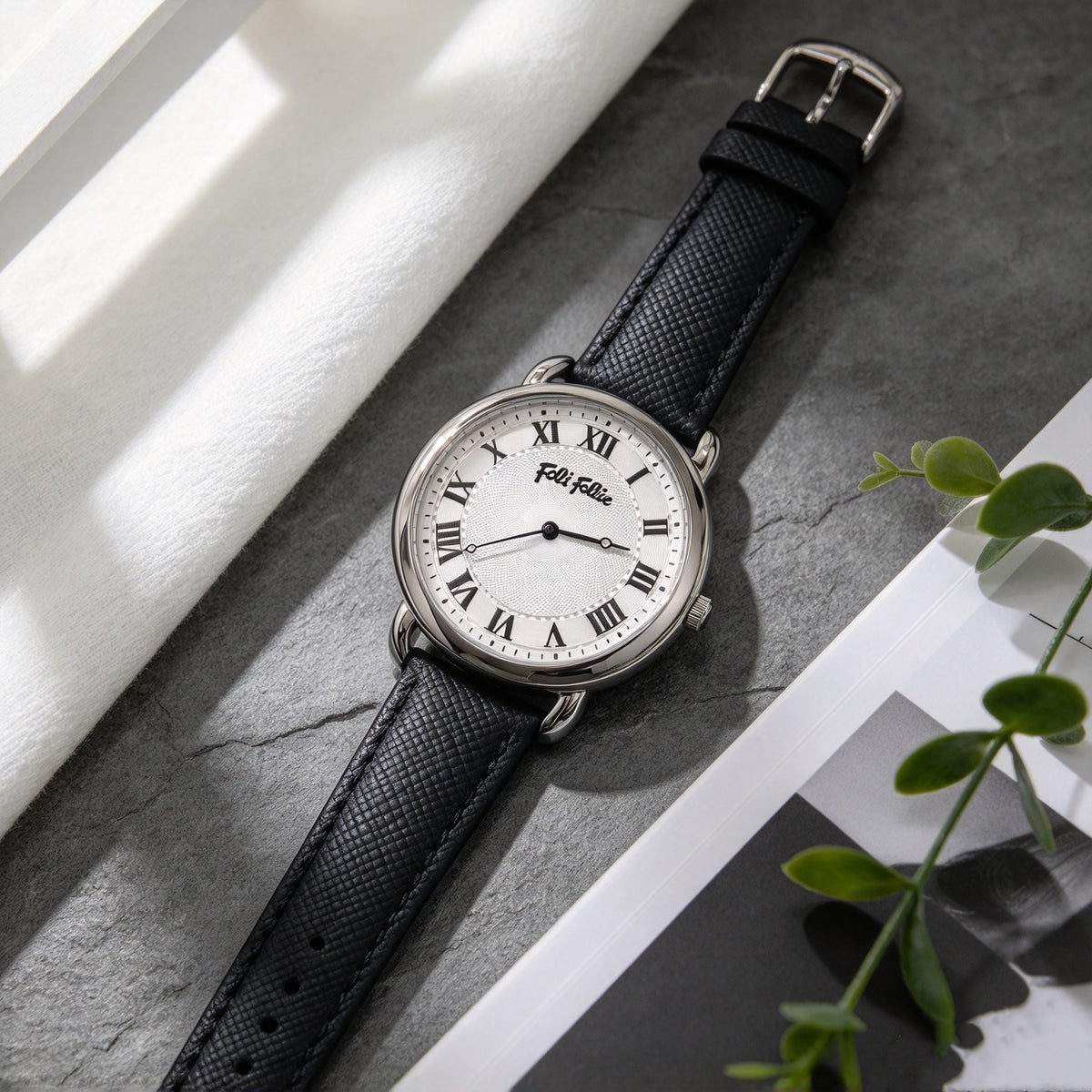 Folli Follie Women’s Watch, Black Textured Leather Strap Silver Case Roman Numerals Textured Dial Quartz Wrist Watch