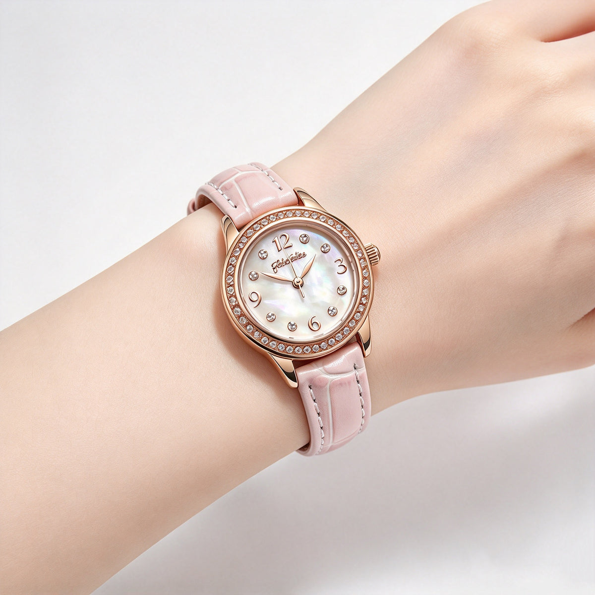 Folli Follie Women’s Watch, Rose Gold Diamond Bezel Mother of Pearl Dial Light Grey Croc Leather Strap Quartz Wrist Watch