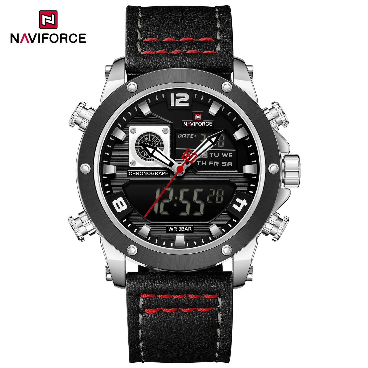 NAVIFORCE 9236 Luxury Men Wrist Watch Double Display Leather High Quality Quartz Digital Watch Sports Waterproof Multifunction Clock