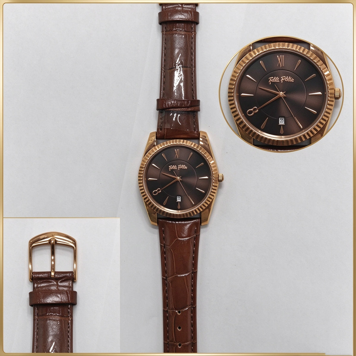 Folli Follie Men Quartz Watch, 40mm Rose Gold Fluted Bezel, Date Window, Croc Embossed Brown Leather Strap Wrist Watch