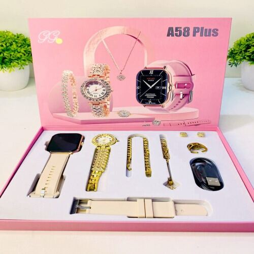 A58 Plus Smart Watch and Jewellery Gift Set for Valentine's Day Gift, Anniversary Birthday Gift. Smart Watch, Analog Watch, Necklace, Earrings, Bracelet and Ring Combo Gift Set for Girls