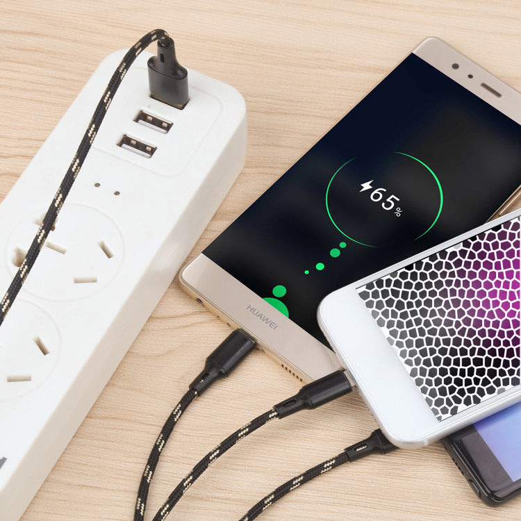 Tiger-stripe 3-in-1 charging cable (supports fast charging for Huawei, Android, and Xiaomi phones; customizable with logo).