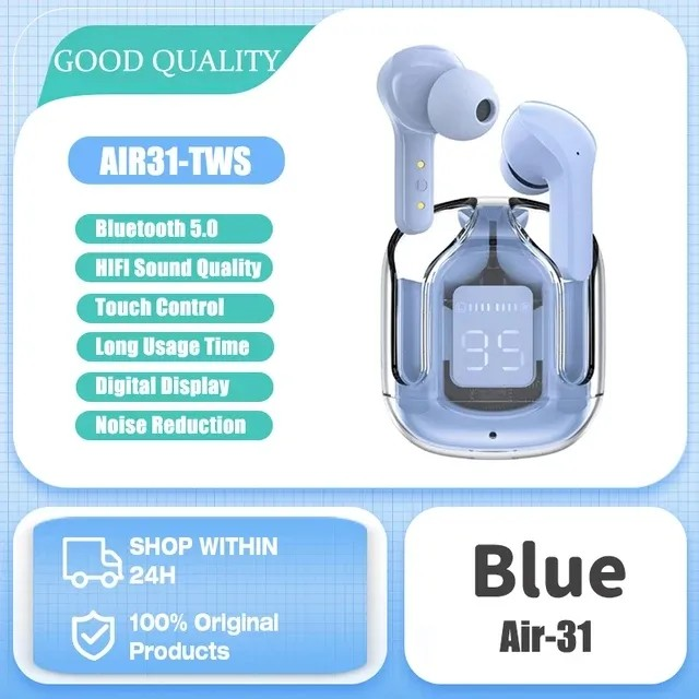 Air31 Transparent TWS Wireless Earbuds - Bluetooth 5.3 Stereo Headset with Heavy Bass & Digital Display - Touch Control Gaming Sports Headphone