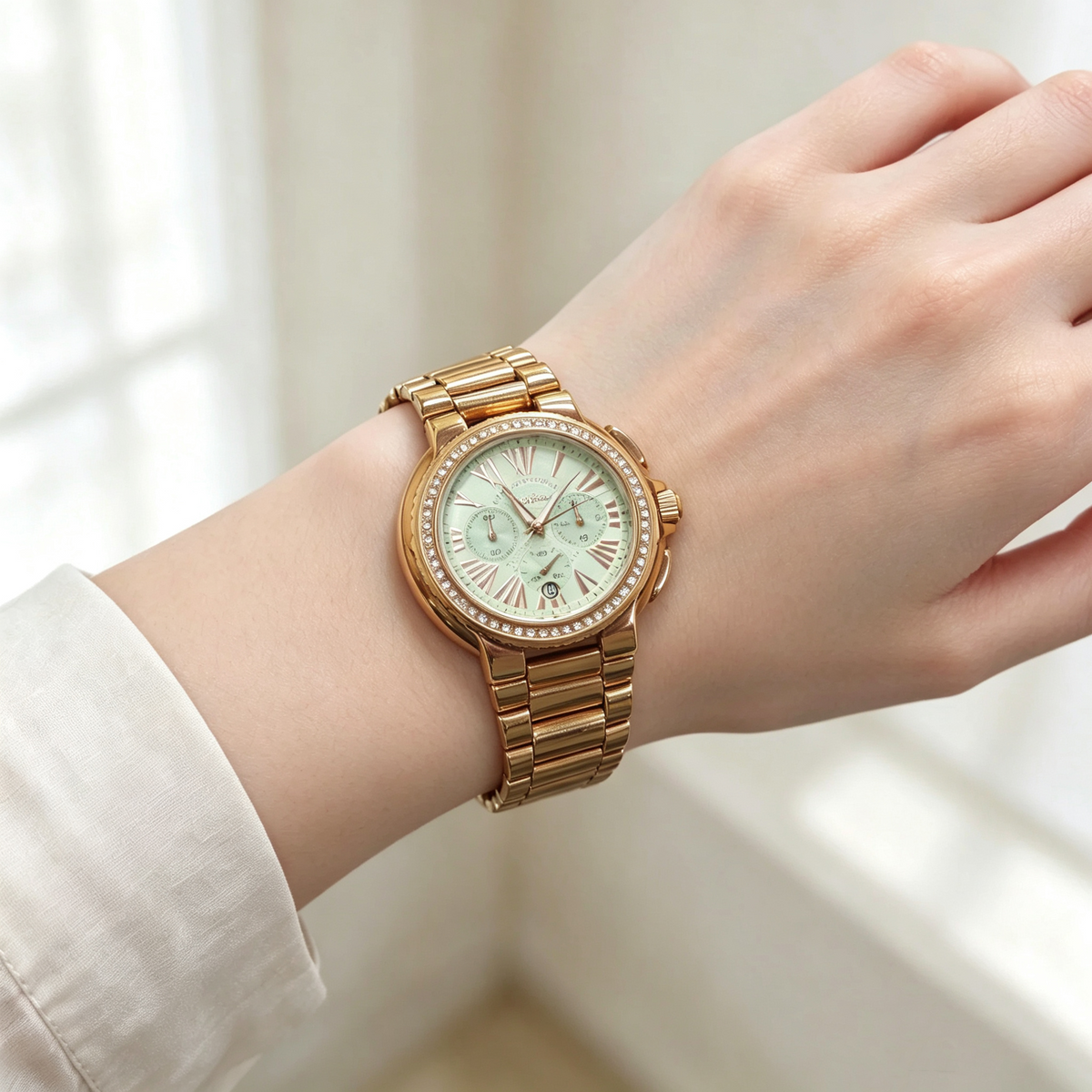 Folli Follie Gold Chronograph Ladies Watch Light Green Dial Crystal Bezel Metal Band Quartz Watch