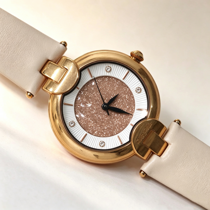 Folli Follie Women Watch, Gold Case Glitter Dial, Beige Leather Strap, Elegant Quartz Wristwatch