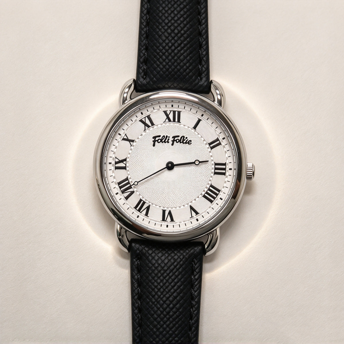Folli Follie Women’s Watch, Black Textured Leather Strap Silver Case Roman Numerals Textured Dial Quartz Wrist Watch