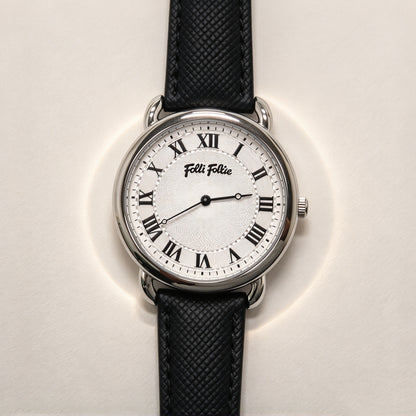 Folli Follie Women’s Watch, Black Textured Leather Strap Silver Case Roman Numerals Textured Dial Quartz Wrist Watch