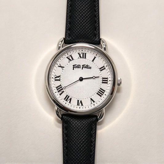 Folli Follie Women’s Watch, Black Textured Leather Strap Silver Case Roman Numerals Textured Dial Quartz Wrist Watch