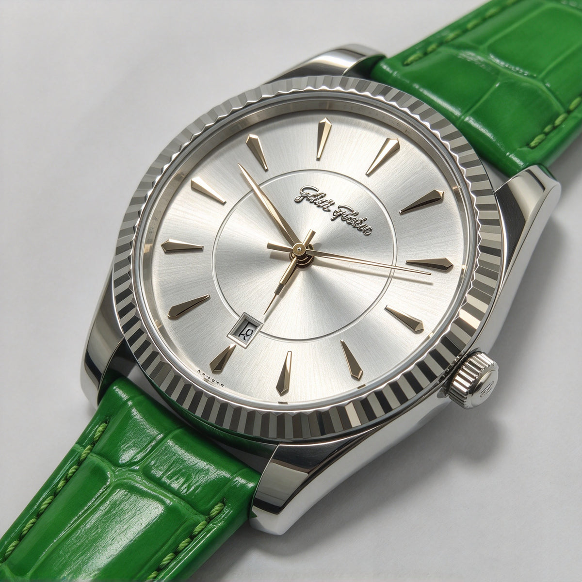 Folli Follie Women Watch, Fluted Bezel Date Quartz Wristwatch, Croc Embossed Leather Strap, 3 Colors Green, Pink & Red