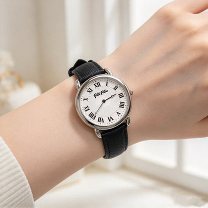 Folli Follie Women’s Watch, Black Textured Leather Strap Silver Case Roman Numerals Textured Dial Quartz Wrist Watch