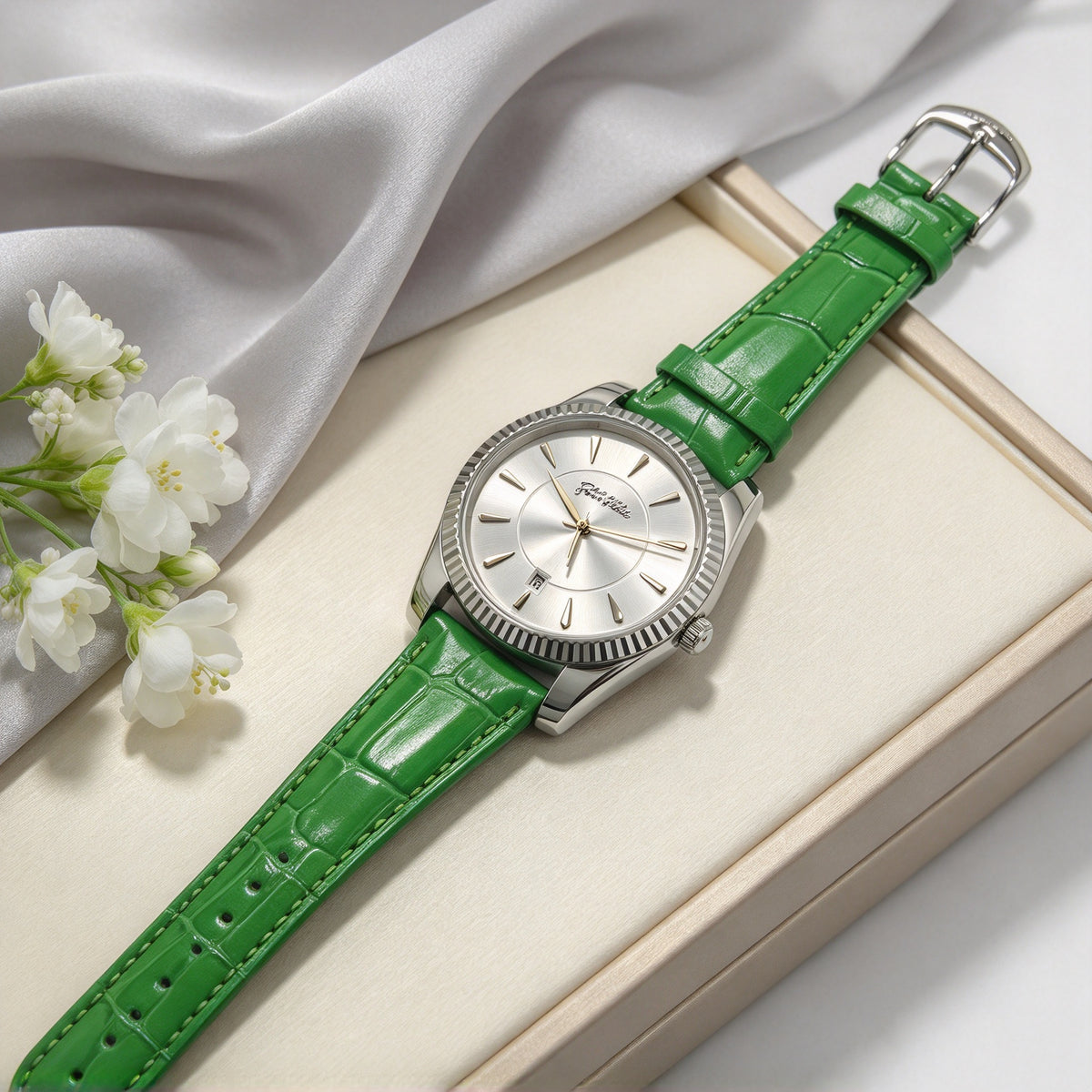 Folli Follie Women Watch, Fluted Bezel Date Quartz Wristwatch, Croc Embossed Leather Strap, 3 Colors Green, Pink & Red