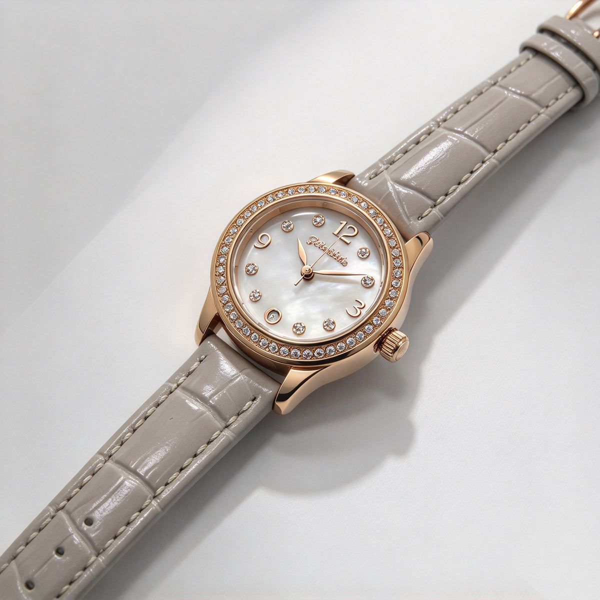 Folli Follie Women’s Watch, Rose Gold Diamond Bezel Mother of Pearl Dial Light Grey Croc Leather Strap Quartz Wrist Watch