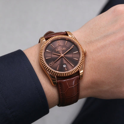 Folli Follie Men Quartz Watch, 40mm Rose Gold Fluted Bezel, Date Window, Croc Embossed Brown Leather Strap Wrist Watch