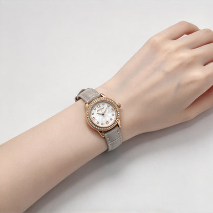 Folli Follie Women’s Watch, Rose Gold Diamond Bezel Mother of Pearl Dial Light Grey Croc Leather Strap Quartz Wrist Watch