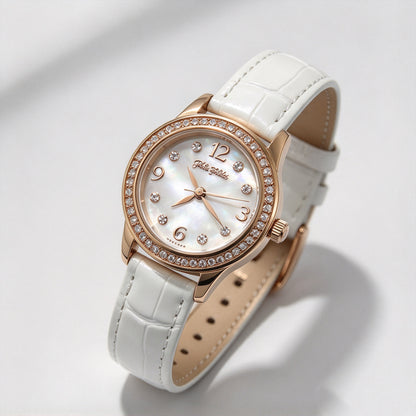 Folli Follie Women’s Watch, Rose Gold Diamond Bezel Mother of Pearl Dial Light Grey Croc Leather Strap Quartz Wrist Watch