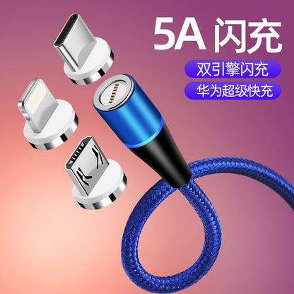 5A Super Fast Charging Magnetic Data Cable – Compatible with Apple, Android, and Type-C (40W Flash Charge, Nylon Braided)