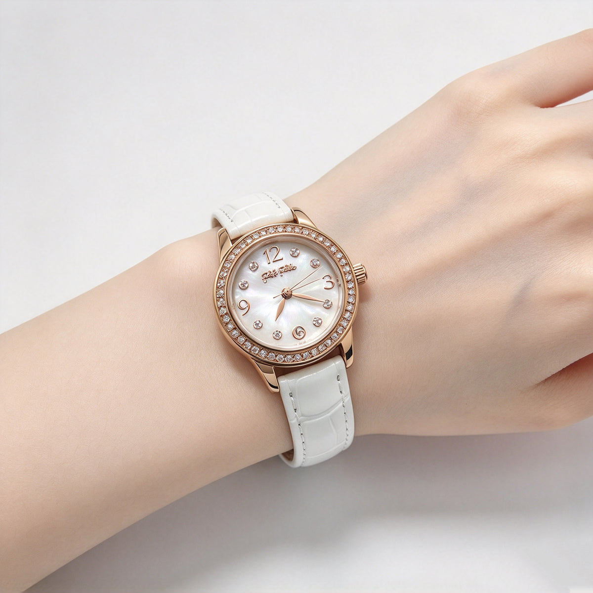 Folli Follie Women’s Watch, Rose Gold Diamond Bezel Mother of Pearl Dial Light Grey Croc Leather Strap Quartz Wrist Watch