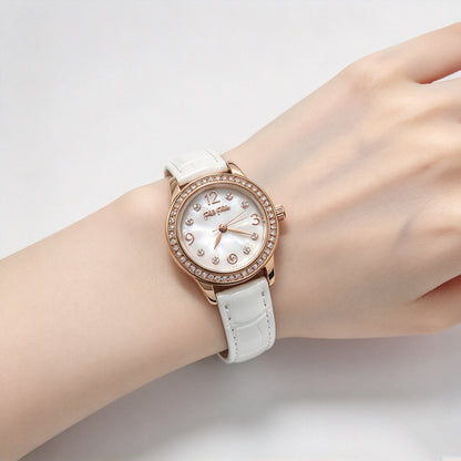 Folli Follie Women’s Watch, Rose Gold Diamond Bezel Mother of Pearl Dial Light Grey Croc Leather Strap Quartz Wrist Watch