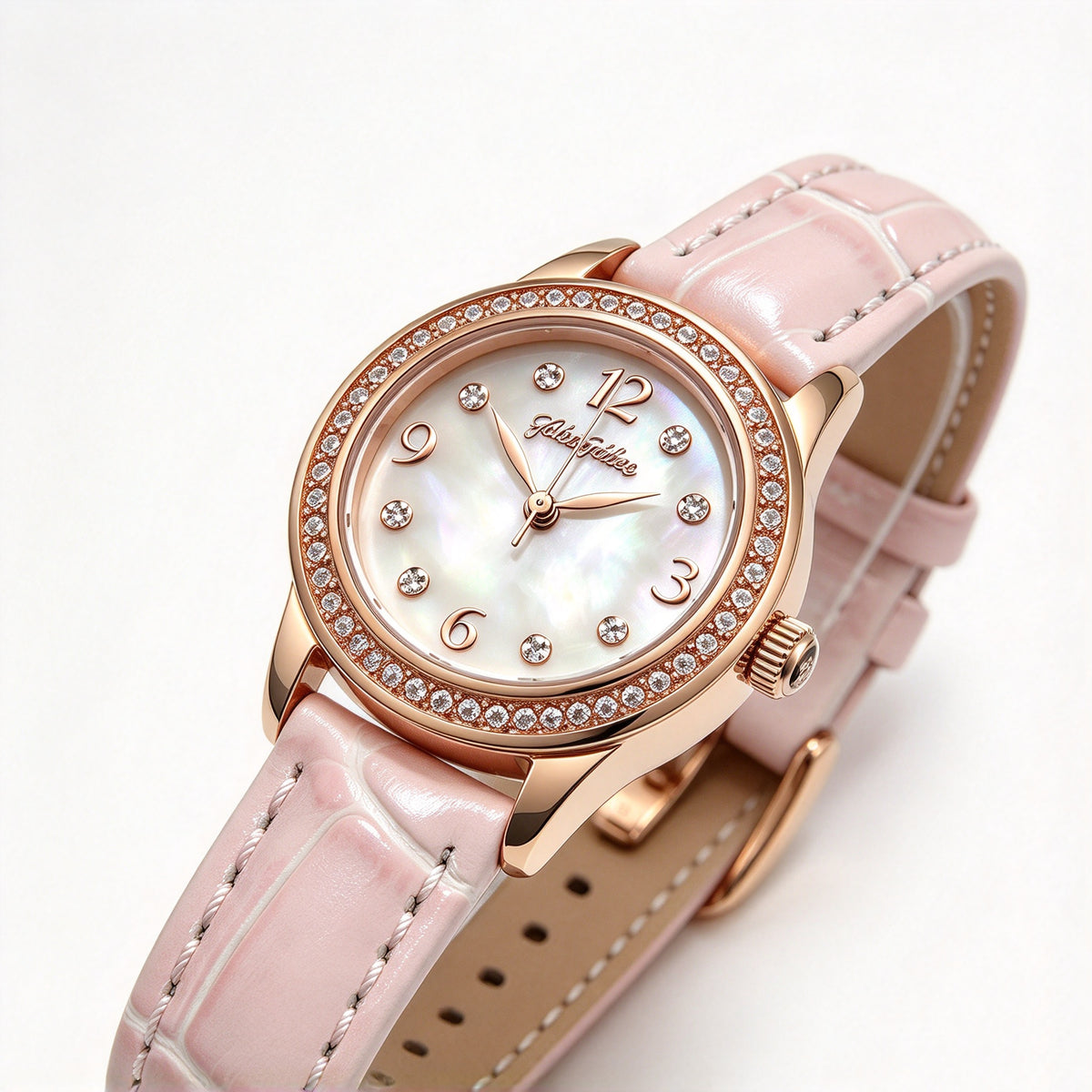 Folli Follie Women’s Watch, Rose Gold Diamond Bezel Mother of Pearl Dial Light Grey Croc Leather Strap Quartz Wrist Watch