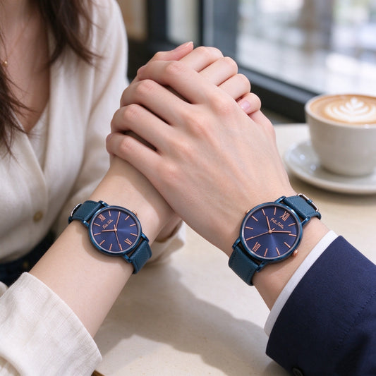 Folli Follie Couple Watch Set, Minimal Round Blue Dial Wrist Watch, Rose Gold Roman Numeral Markers, Leather Strap Quartz Watches for Men and Women, Anniversary Gift