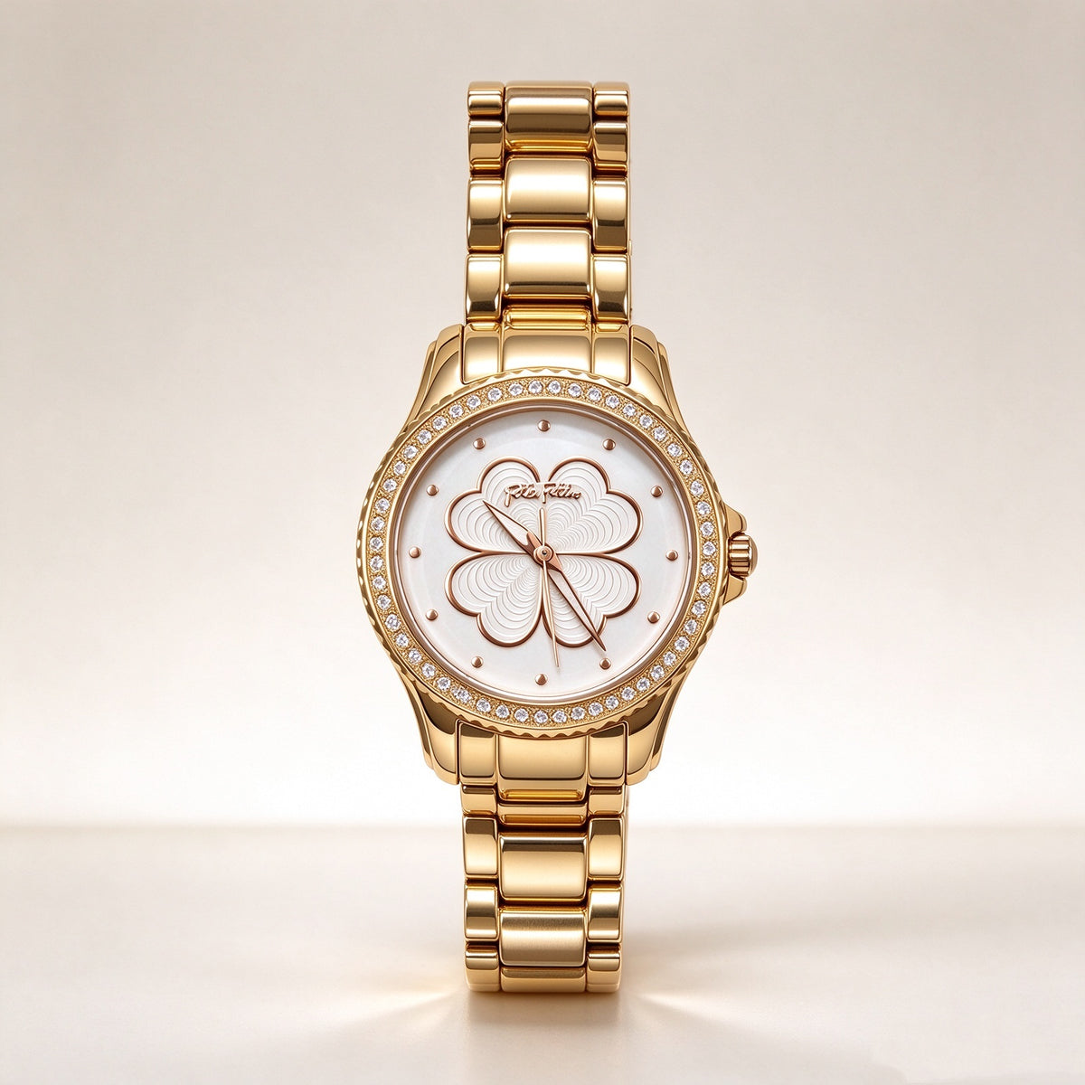 Folli Follie Golden Women’s Wrist Watch, White Clover Dial with Crystal Studded Bezel, Gold Stainless Steel Bracelet Analog Watch for Ladies