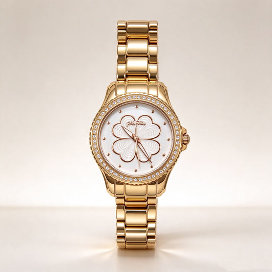 Folli Follie Golden Women’s Wrist Watch, White Clover Dial with Crystal Studded Bezel, Gold Stainless Steel Bracelet Analog Watch for Ladies