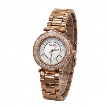 Folli Follie BEAUTIME Rose Gold Crystal Bezel Ladies Quartz Watch WF1B020BSS Elegant Stainless Steel Bracelet Wristwatch
