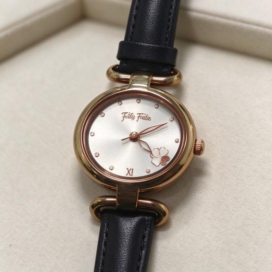 Folli Follie Oval Ladies Watch, Black Leather Strap Rose Gold Case Clover Dial Quartz Wrist Watch for Women