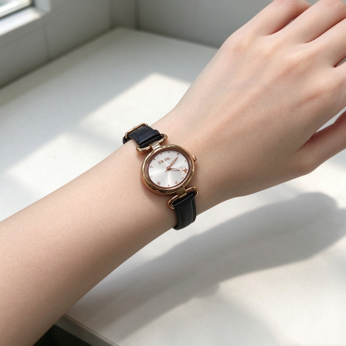 Folli Follie Oval Ladies Watch, Black Leather Strap Rose Gold Case Clover Dial Quartz Wrist Watch for Women
