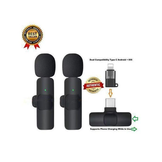 K9 Double Wireless Lapel Microphone Tie Mic TYPE-C Phones Android IPhone + IOS Adapter