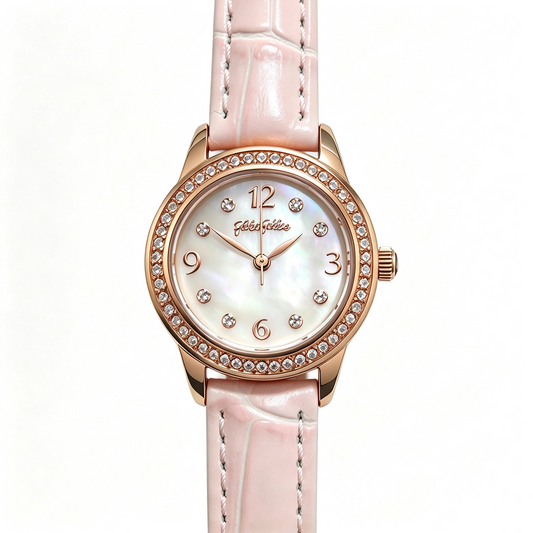 Folli Follie Women’s Watch, Rose Gold Diamond Bezel Mother of Pearl Dial Light Grey Croc Leather Strap Quartz Wrist Watch