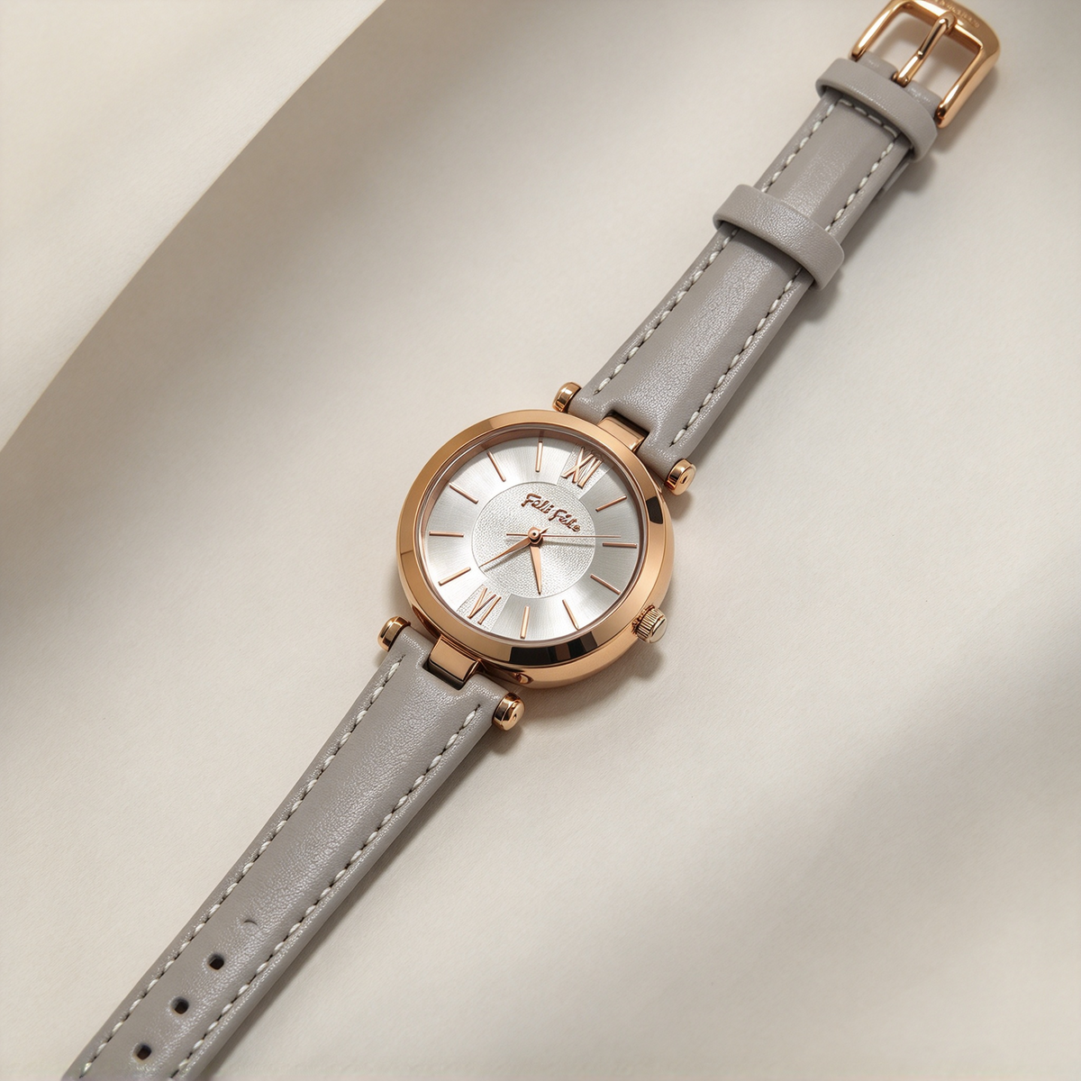 Folli Follie Ladies Watch, Rose Gold Round Case, White Leather Strap, Roman Numeral Dial Quartz Wristwatch