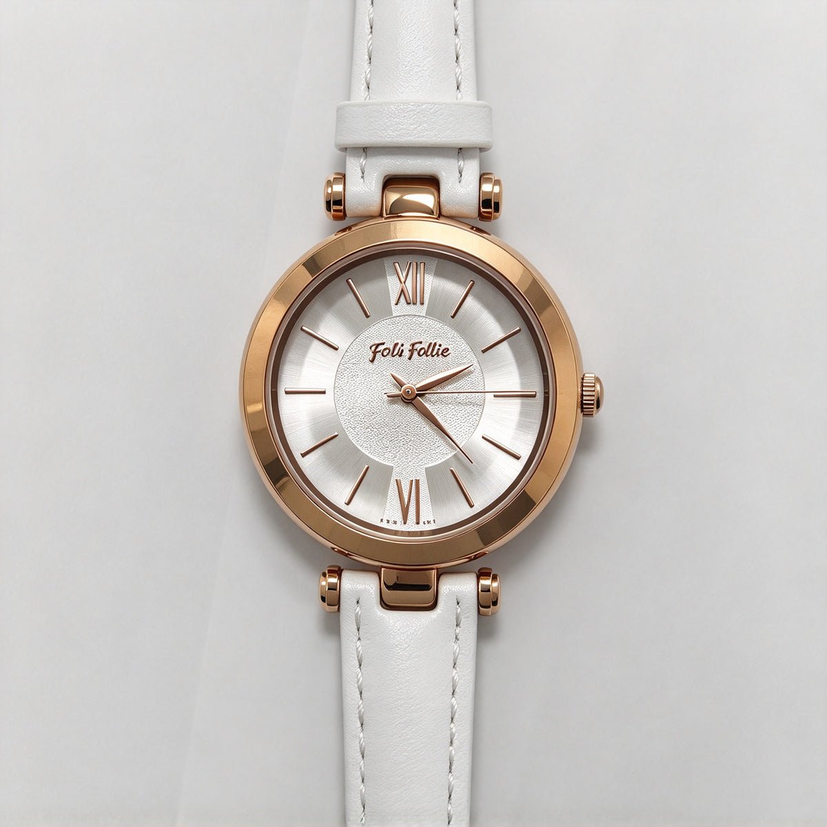 Folli Follie Ladies Watch, Rose Gold Round Case, White Leather Strap, Roman Numeral Dial Quartz Wristwatch