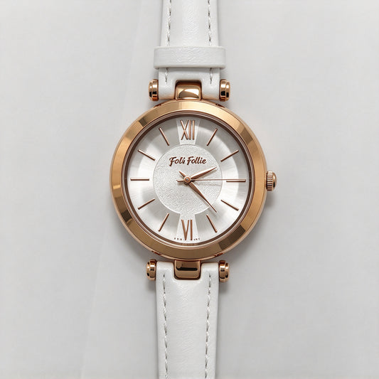 Folli Follie Ladies Watch, Rose Gold Round Case, White Leather Strap, Roman Numeral Dial Quartz Wristwatch