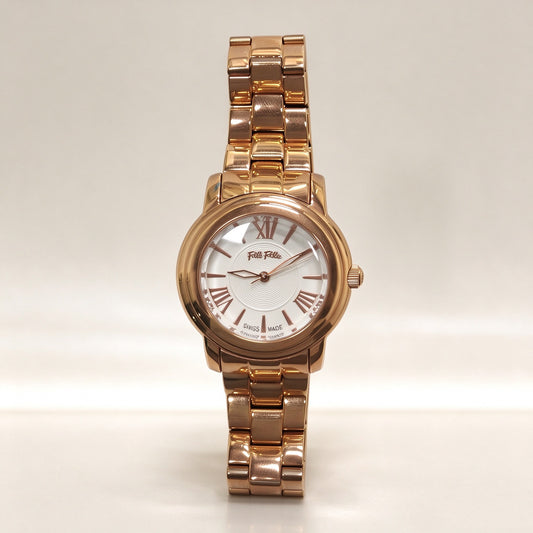 Folli Follie Lady Bubble Rose Gold Ladies Watch, White Dial Roman Numeral Stainless Steel Bracelet Quartz Wristwatch for Women