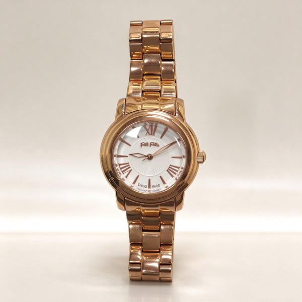 Folli Follie Lady Bubble Rose Gold Ladies Watch, White Dial Roman Numeral Stainless Steel Bracelet Quartz Wristwatch for Women
