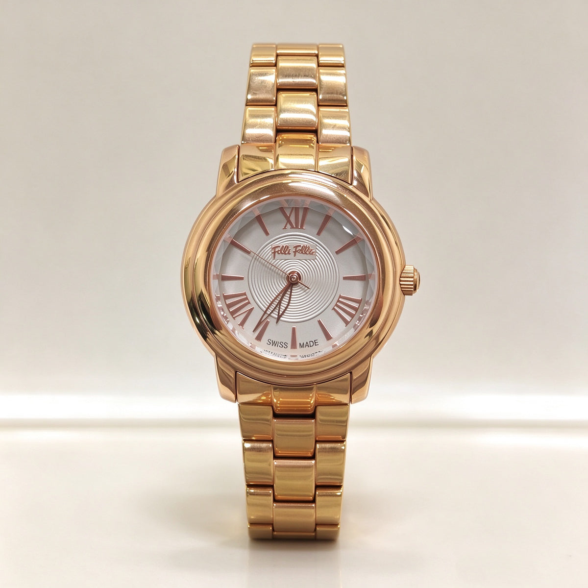 Folli Follie Ladies Rose Gold Bubble Watch, Silver Textured Dial Roman Numeral Stainless Steel Bracelet Quartz Wrist Watch for Women