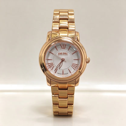 Folli Follie Ladies Rose Gold Bubble Watch, Silver Textured Dial Roman Numeral Stainless Steel Bracelet Quartz Wrist Watch for Women