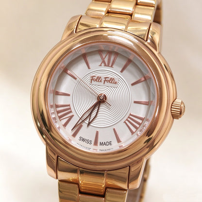 Folli Follie Ladies Rose Gold Bubble Watch, Silver Textured Dial Roman Numeral Stainless Steel Bracelet Quartz Wrist Watch for Women