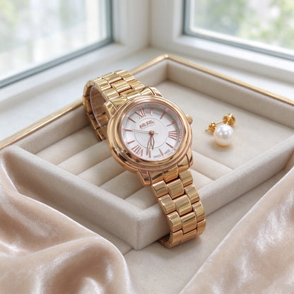 Folli Follie Ladies Rose Gold Bubble Watch, Silver Textured Dial Roman Numeral Stainless Steel Bracelet Quartz Wrist Watch for Women