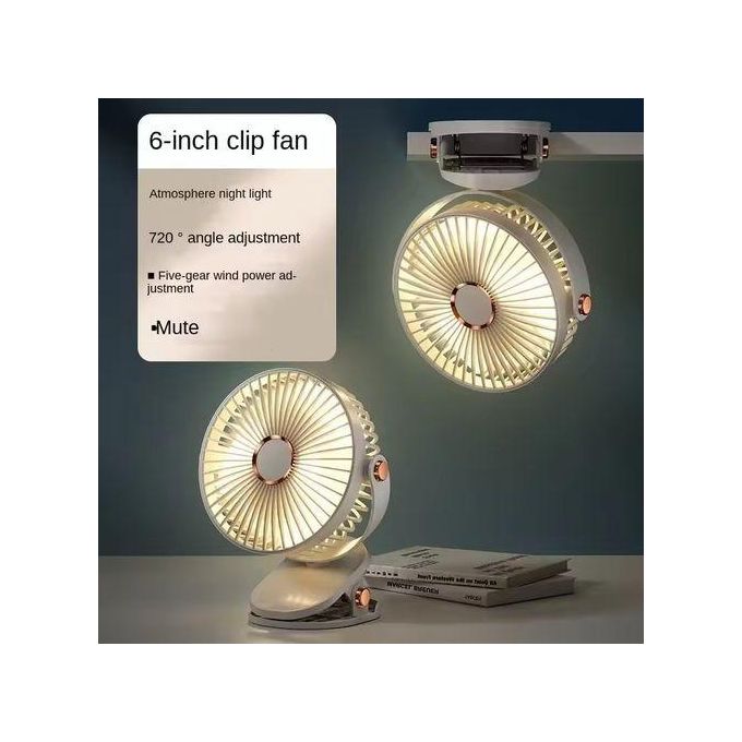 usb charging fan with 4 wind speeds, 720°, ambient light, night light and clip-on fan