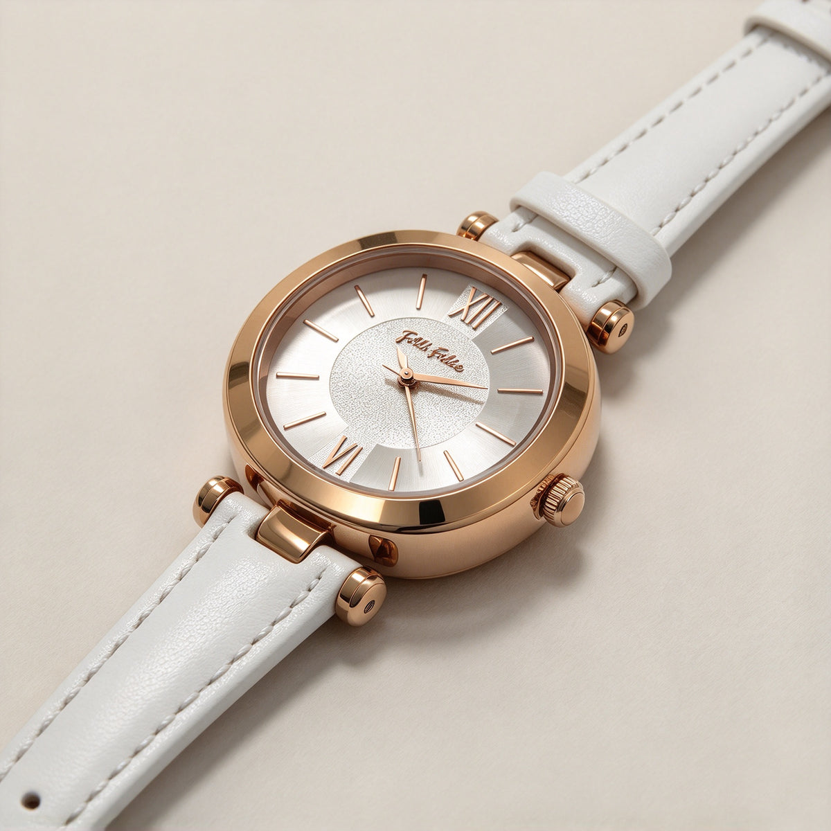 Folli Follie Ladies Watch, Rose Gold Round Case, White Leather Strap, Roman Numeral Dial Quartz Wristwatch