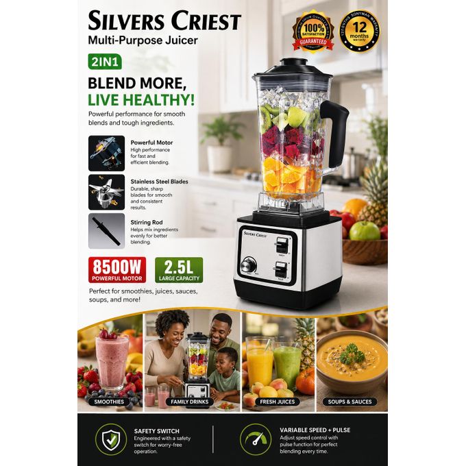 SILVER CREST Blender 2-in-1 Heavy Duty 2.5L with Grinder – High-Speed Black & Silver Multifunctional Blender for Home & Commercial Use