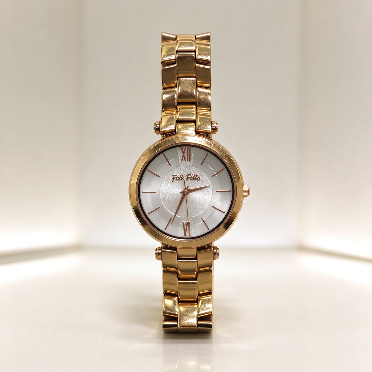 Folli Follie Rose Gold Ladies Watch White Dial Metal Band Quartz Wristwatch