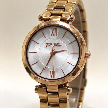 Folli Follie Rose Gold Ladies Watch White Dial Metal Band Quartz Wristwatch
