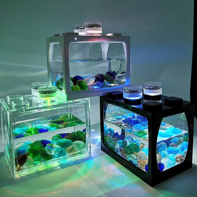 1 Pcs  Mini Betta Aquarium Fish Tank  + 2 Pcs Led Lamps  + 1 Pcs Water plant Light Home Office Desktop Tea Table Decoration Accessories for betta fish- Aquarium