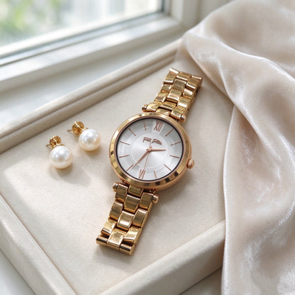 Folli Follie Rose Gold Ladies Watch White Dial Metal Band Quartz Wristwatch