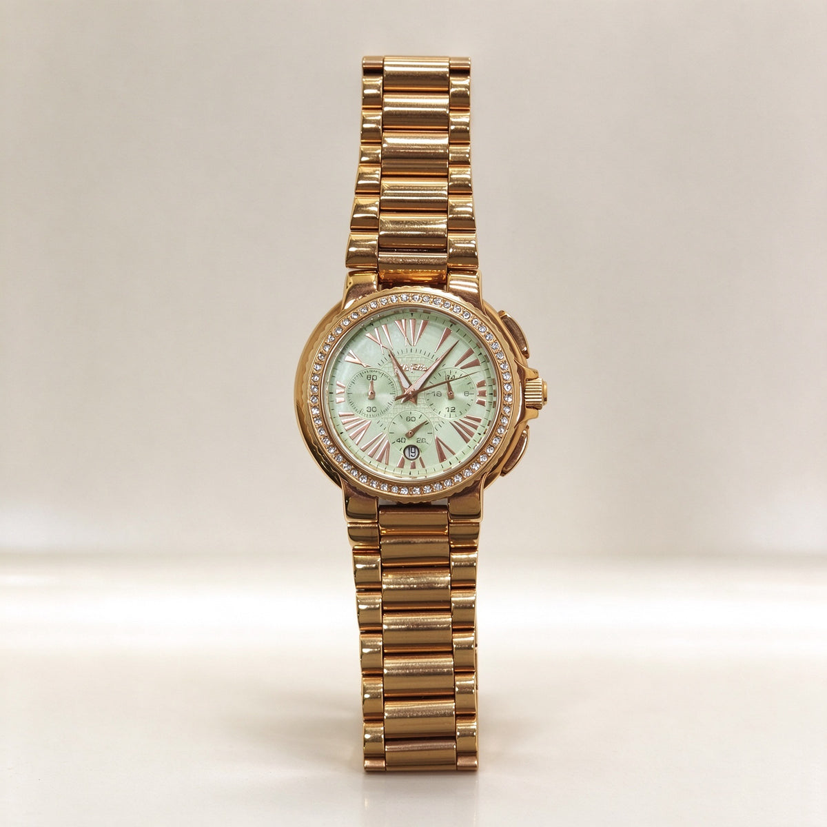 Folli Follie Gold Chronograph Ladies Watch Light Green Dial Crystal Bezel Metal Band Quartz Watch