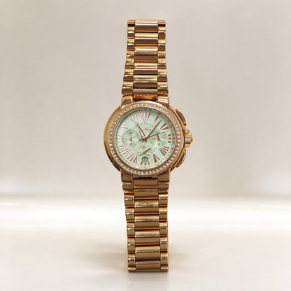 Folli Follie Gold Chronograph Ladies Watch Light Green Dial Crystal Bezel Metal Band Quartz Watch