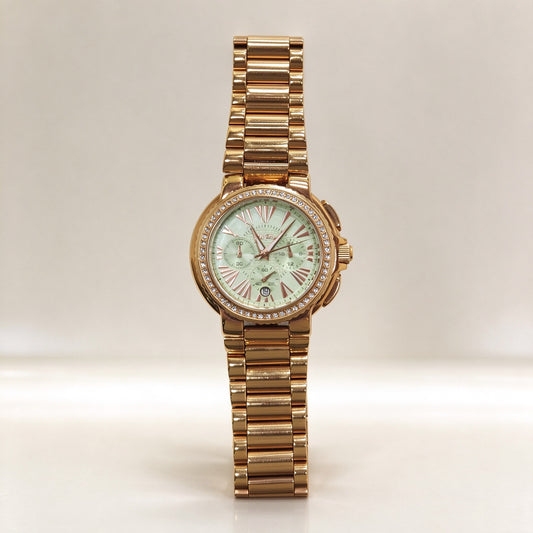 Folli Follie Gold Chronograph Ladies Watch Light Green Dial Crystal Bezel Metal Band Quartz Watch